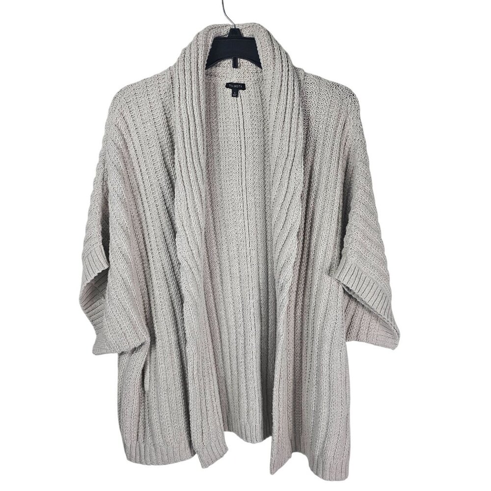 Talbots Chunky Rib Knit Cardigan L Beige Shawl Collar 3/4 Wide Sleeve‎ Coastal